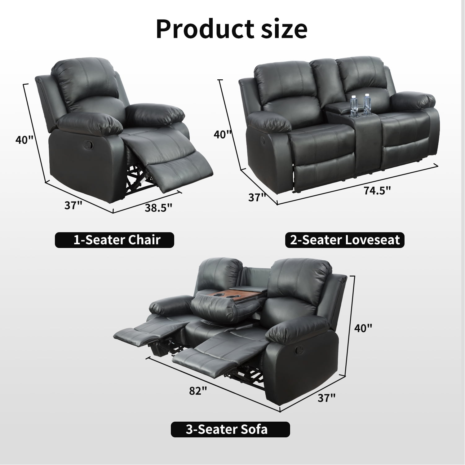 Lumary 3 Piece Glam Leather Reclining Living Room Set Black