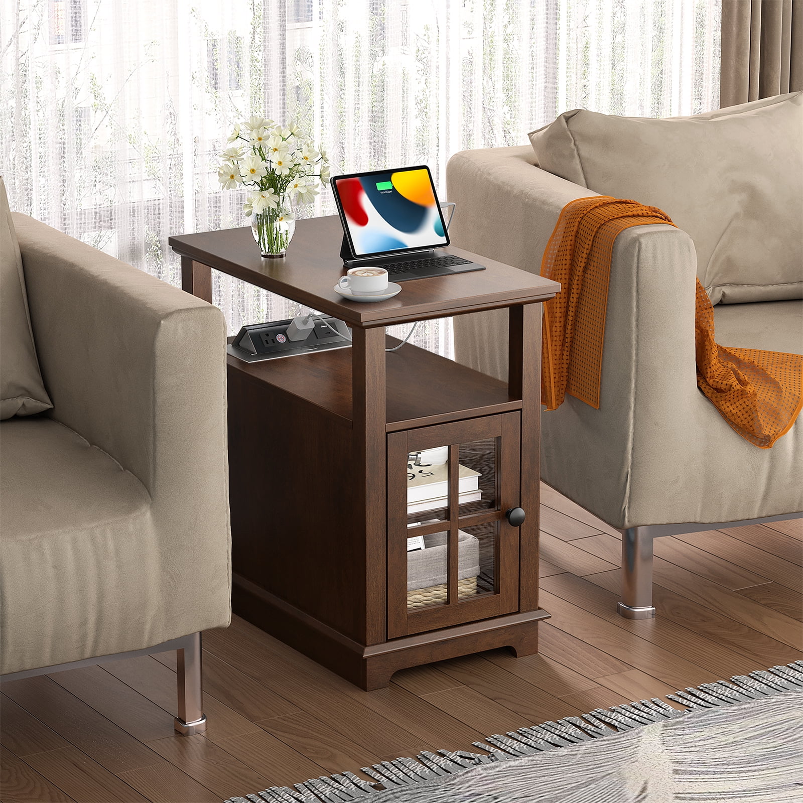 FAGAGA End Tables with Charging Station for Living Room, Wooden Nightstand for Bedroom,Cherry