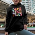 thumbnail image 2 of Love Like Jesus, Loving Unconditionally Like Christ Quote, Groovy Retro Wavy Text Merch Gift, Black Hooded Sweatshirt or Hoodie, Small, 2 of 5
