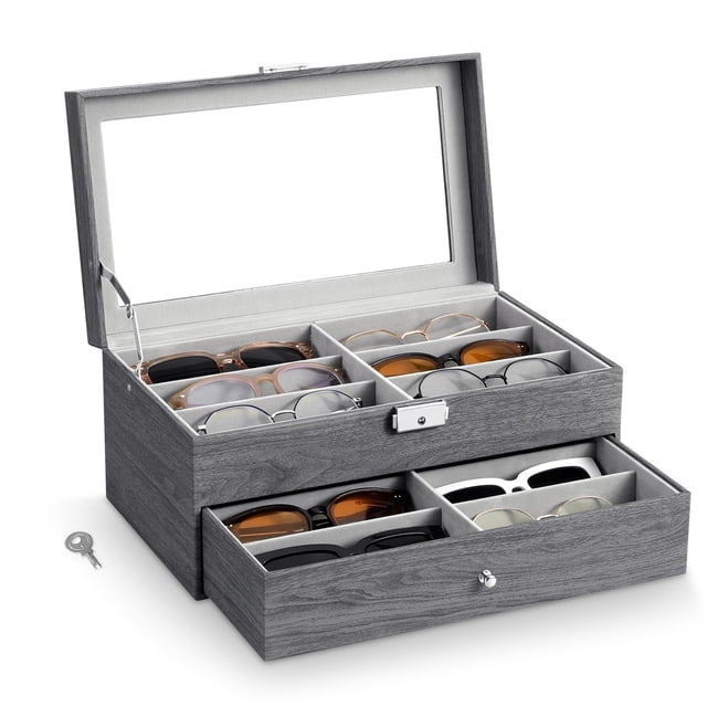 Organizador de gafas de sol MoKo de piel de 2 capas con 12 ranuras, color gris