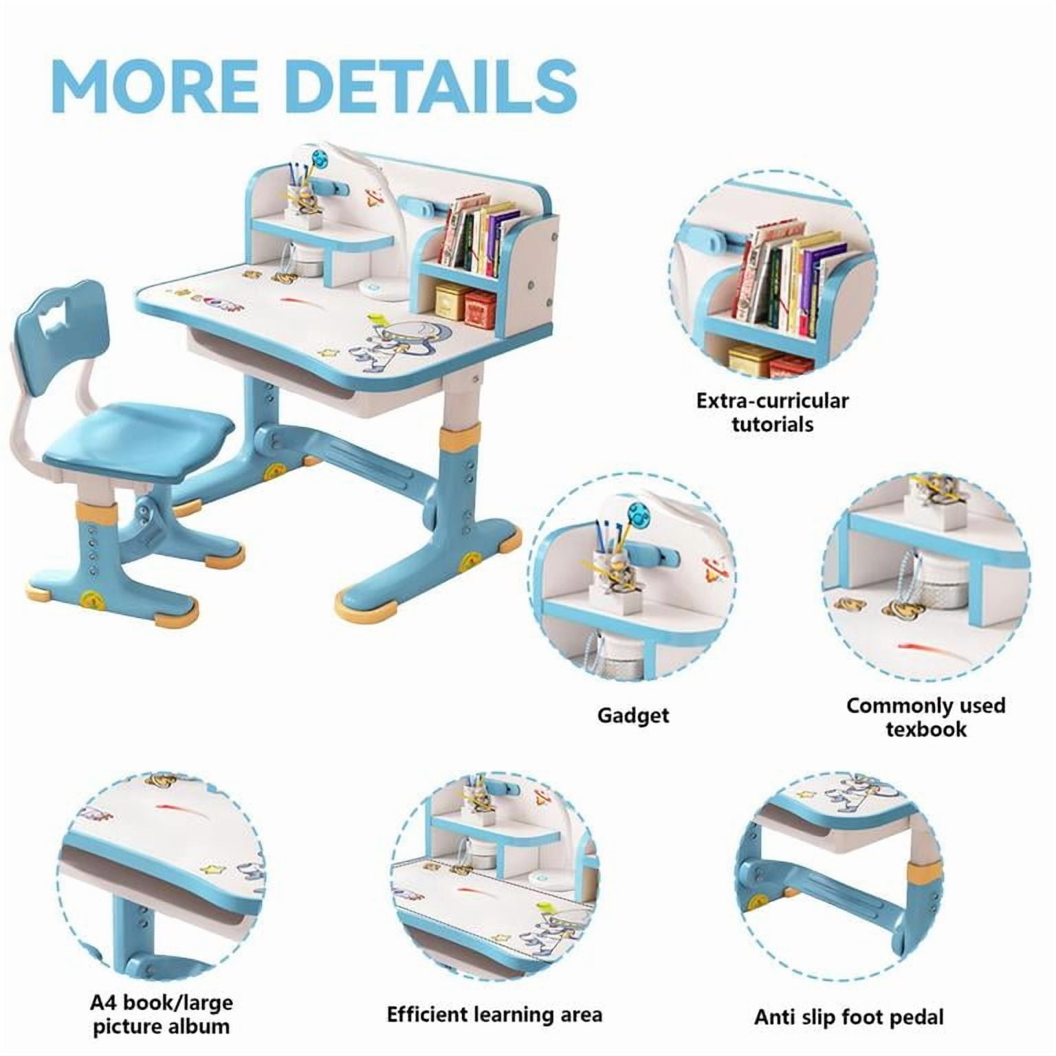 YNCE Kids Desk and Chair Set, Height Adjustable Kids Desk with Storage Drawers and Bookshelf, Ergonomic Desks for Kids, Escritorio para NiñOs