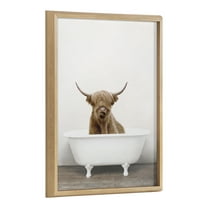 Kate and Laurel Blake Highland Cow in Tub Color Framed Printed Glass Wall Art by Amy Peterson Art Studio, 18x24 Natural, Farmhouse Inspired Animal Art for Wall