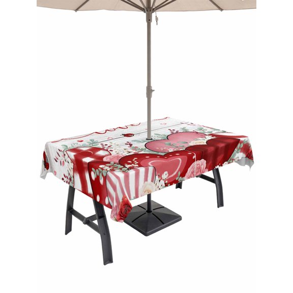 Outdoor Tablecloth with Umbrella Hole and Zipper, Pink Valentines Day Rectangle Table Cloth 54x80 Inch Waterproof Tablecloth, Love Heart Eucalyptus Botanical Vintage Picnic Table Cover for Patio