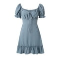thumbnail image 2 of Franhais Women Summer Dress, Short Puff Sleeve Jacquard Dot Plain Low Cut Short Dress, Ladies High Waist Ruffle Hem Outfits, 2 of 9