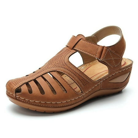 MPWEGNP Sandals Women Women s Fashion Comfortable Ankle Hollow Round Toe Soft Sole Shoes Slides (Brown 9.5)