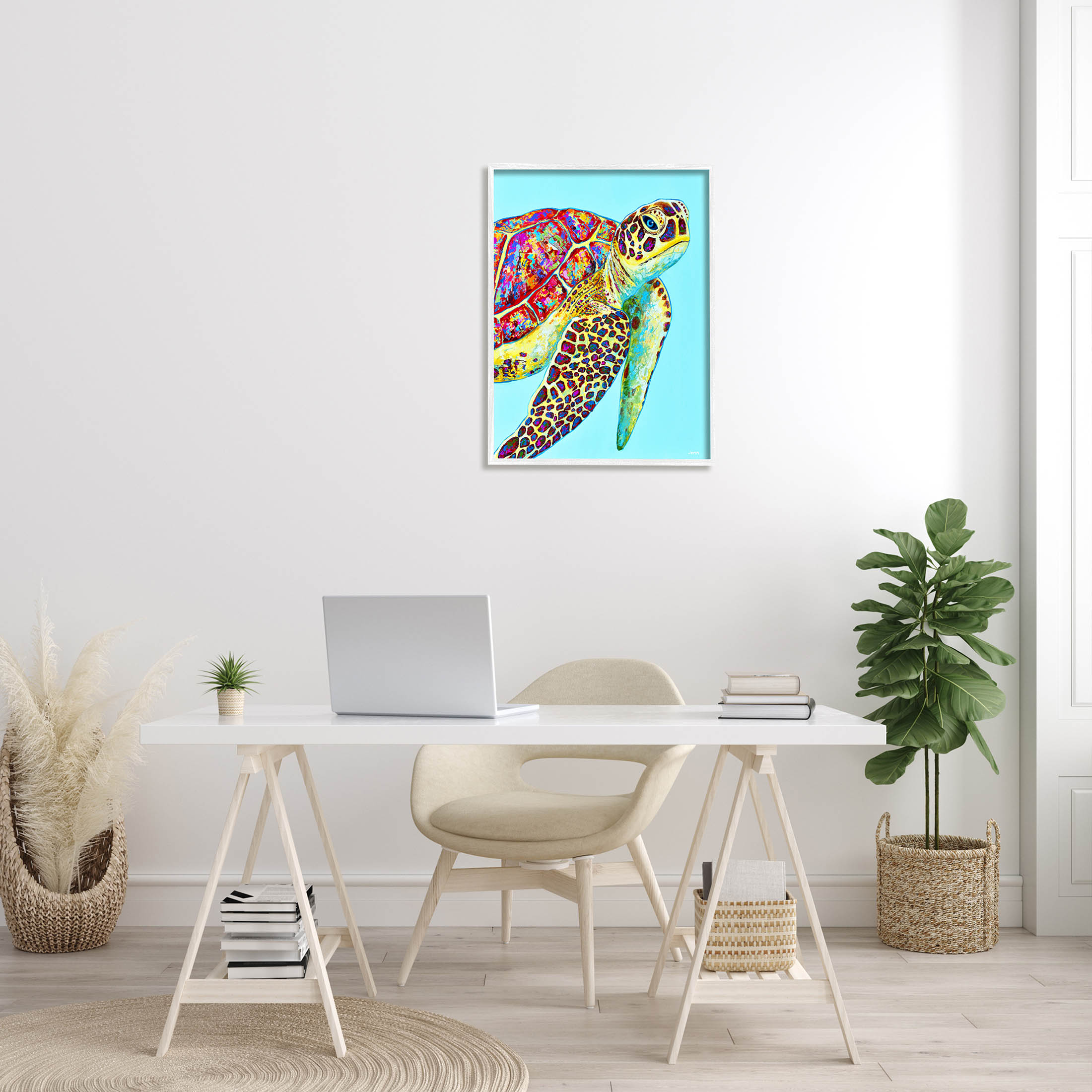 Swimming Sea Turtle Turquoise Accent Animals & Insects Graphic Art White Framed Art Print Wall Art
