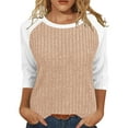 thumbnail image 2 of Yuyuzo Hauts pour Femmes à Manches 3/4 Col Rond Blouses Décontractées Amples Automne à Blocs de Couleur Tricot Côtelé Ample Hauts Doux, 2 of 6