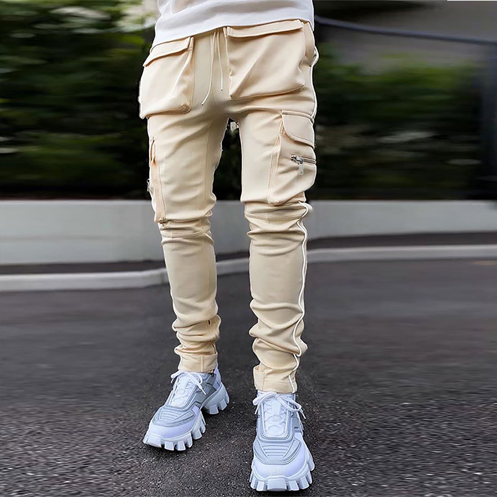 YIWEI Mens Casual Cargo Trousers Elasticated Combat Work Bottoms Multi Pockets Pants Beige XL, Men's