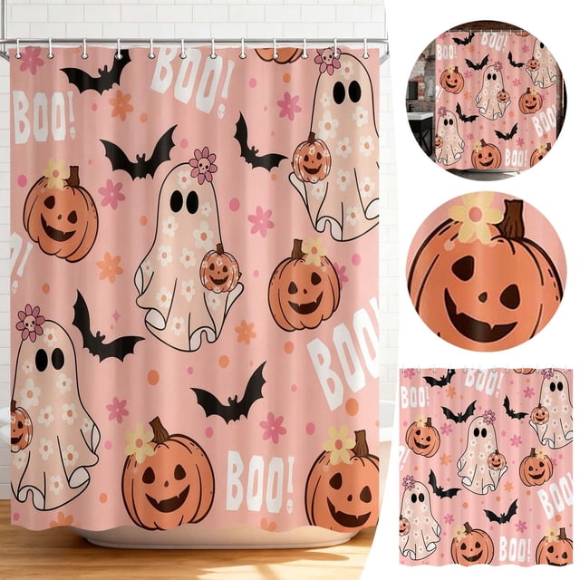 ERK Halloween Shower Curtain With Adorable And Pumpkin Design Cartoon Bat Pattern Fabric Bathroom