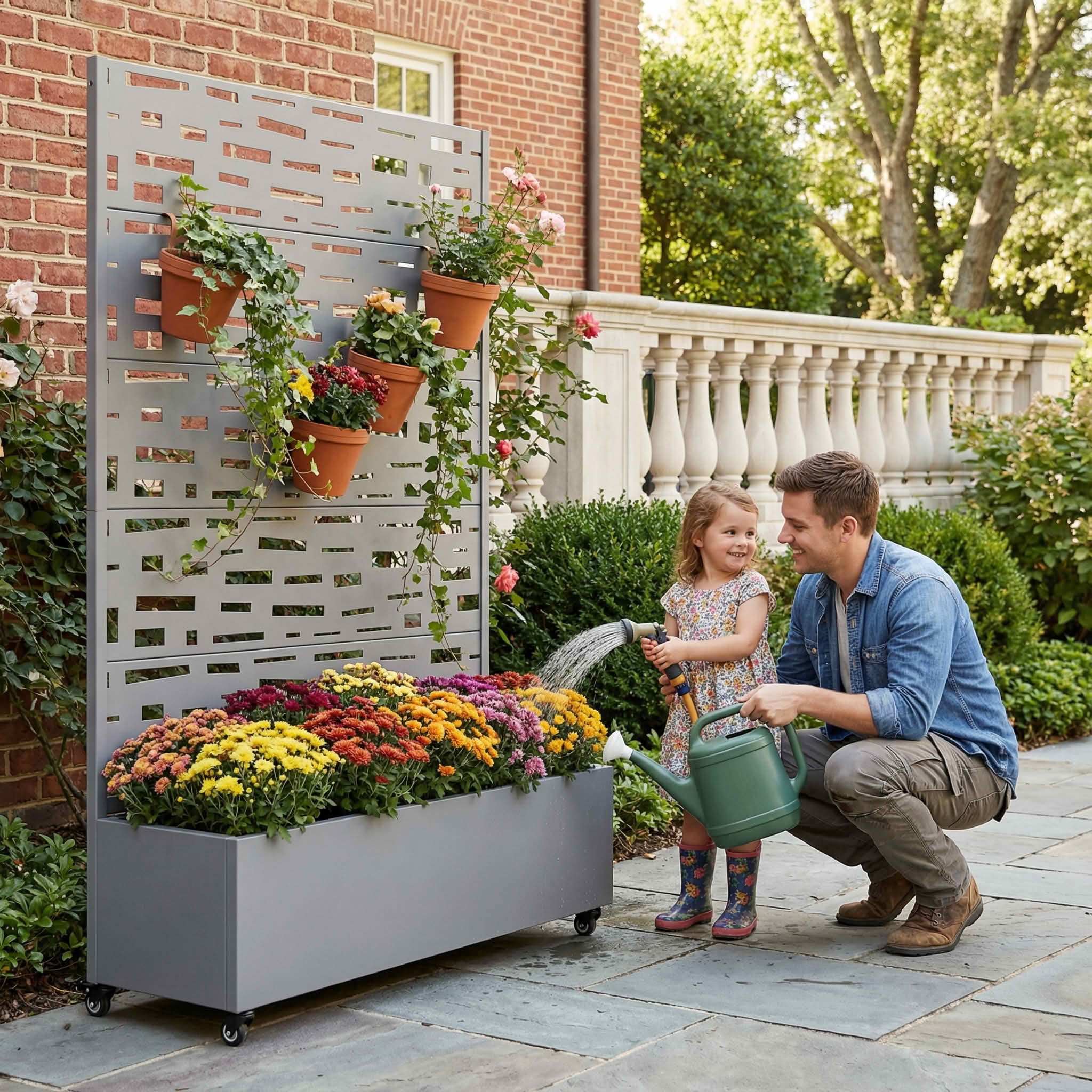 MAYEERTY 72X47" Metal Outdoor Gray Privacy Screen with Planter Box for Backyard & Garden, 5 Piece Set