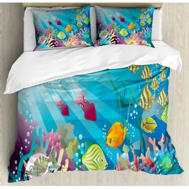 Underwater Duvet Cover Set King Size, Print of Colorful Marine Themed Lifestyle with Many Fish Species in the Ocean, Decorative 3 Piece Bedding Set with 2 Pillow Shams, Multicolor, by Ambesonne