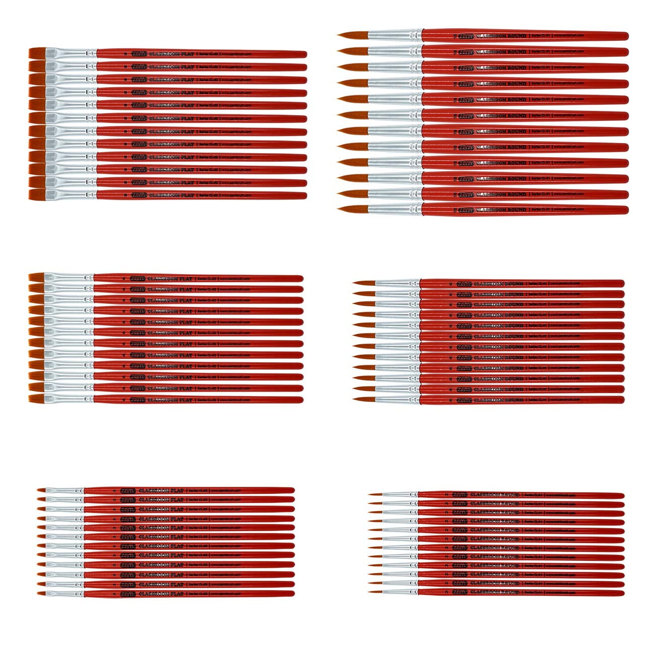 ZEM Brush Mfg CLB-3 Classroom Artist Paint Brush Box Set Rounds & Flats Combo - 72 pcs Total