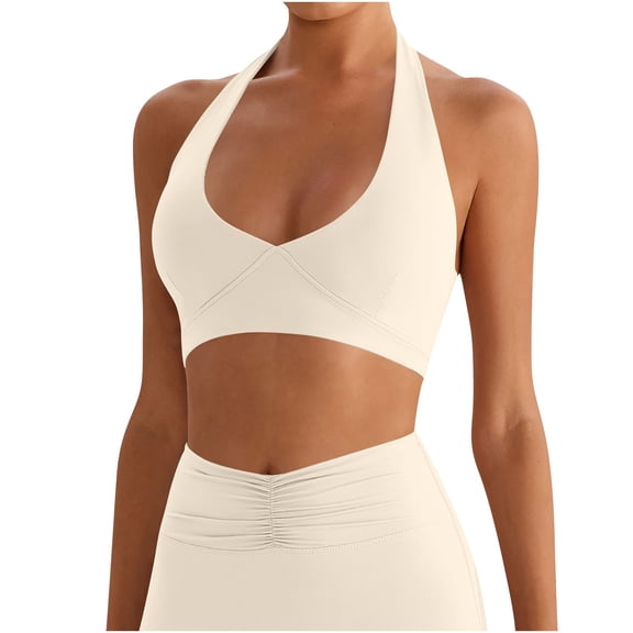 FAHXNVB Women's Halter Neck Plunge Sports Bra Padded High Impact Push up Athletic Bras Solid Color High Support Yoga Workout Bras
