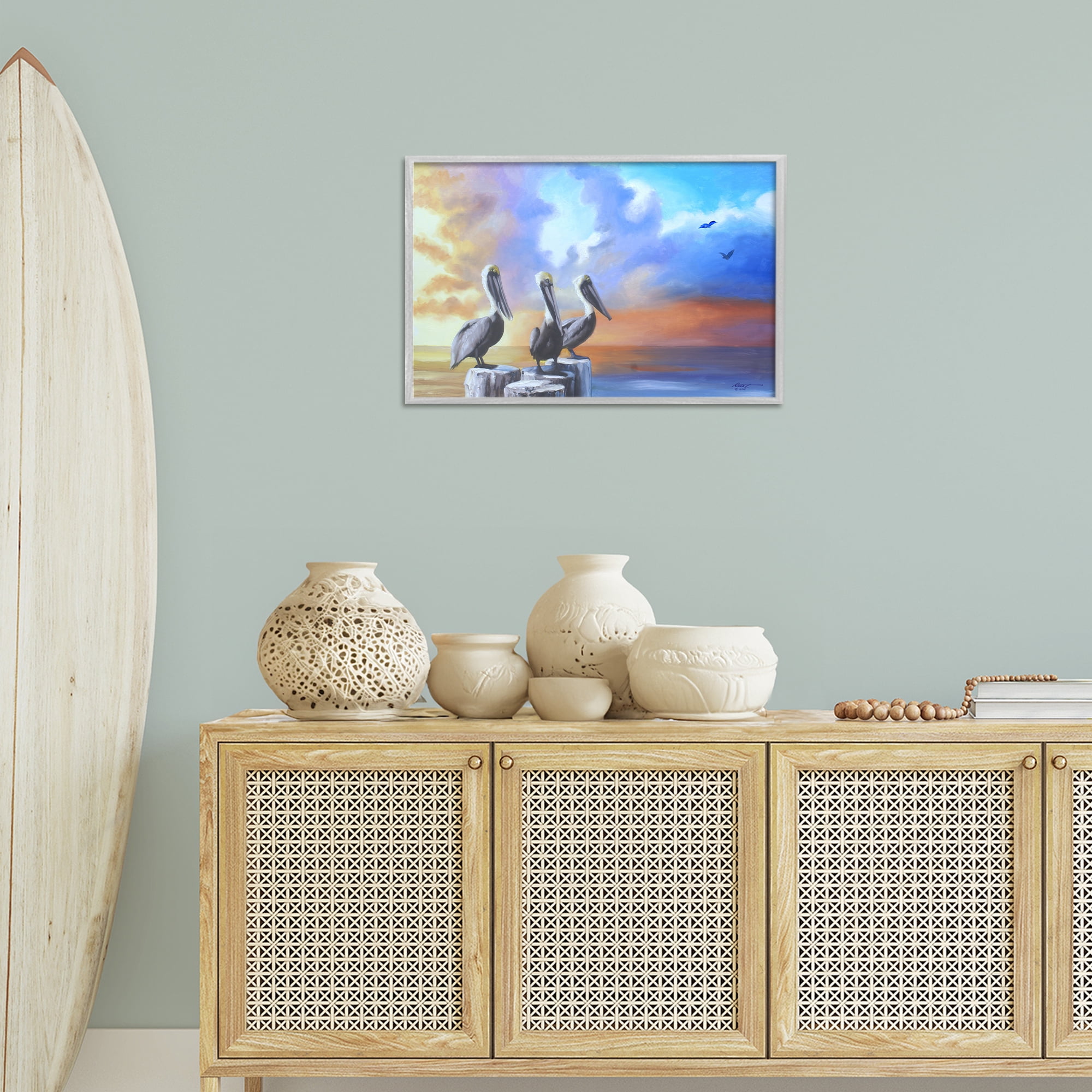 Stupell Industries Vivid Pelican Trio Landscape Painting Gray Framed Art Print Wall Art, 24 x 16