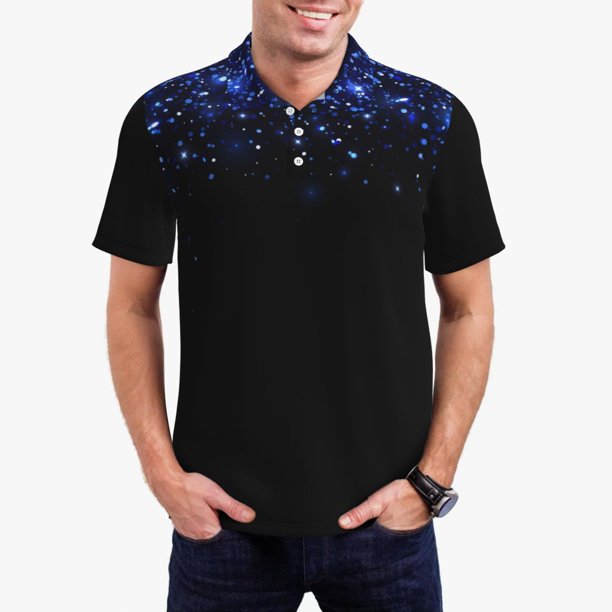 Fotbe Black Blue Glitter Sparkles Camiseta Polo de Golf para Hombre con Estampado – Camisa Deportiva Transpirable con Cuello Abotonado-Medium