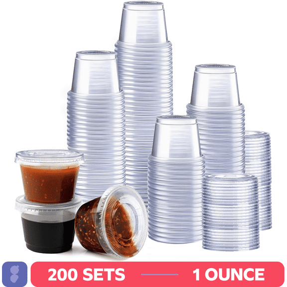 GUSTO 1 oz Jello Shot Cups with Lids, 200 Sets Clear Plastic Condiment Cups for Sauces, Dressings & Food Samples