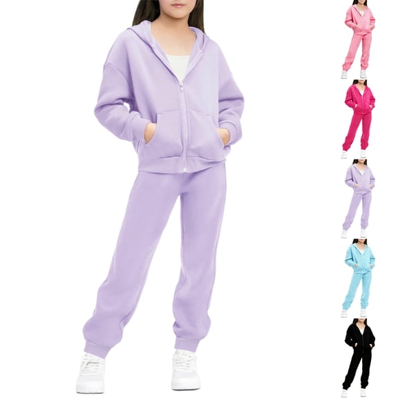 Vetsdori Girls Solid Color Outfits Full Zipper Pockets Active Suits 2 Pieces Hoodies and Jogger Pants Sports Fleece,Hooded Casual Clothing for Kids Active Sets,Purple,Size: 5 Years