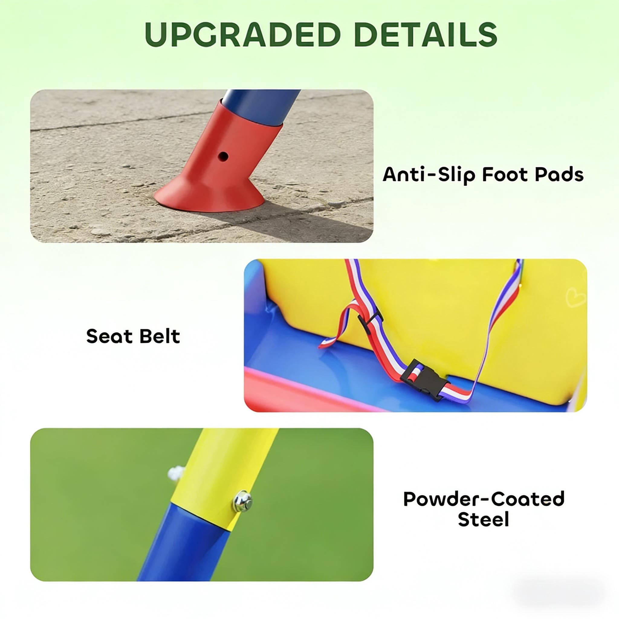 Folding 3-in-1 Toddler Swing Set, Adjustable Height Metal Swing with A-Frame, Anti-Slip Base & Safety Belt, Rust-Resistant for Indoor Outdoor Use, Ages 9 Months to 8 Years