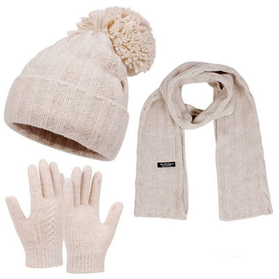 Women's Autumn Winter Warm Wool Hat Scarf Gloves Set, Cute Knit Cap and Mittens Three-Piece Accessories, Adult Winter Knitwear for Outdoor Activities and Cold Weather Protection Beige