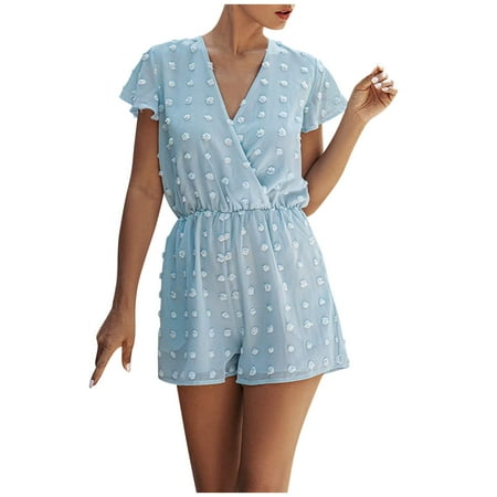 

Jumpsuit For Women V-Neck Dot Short-Sleeved Beach Short Overalls Blue XL