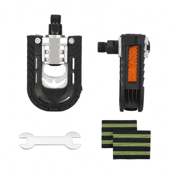 Folding Bike Pedals 9/16" with Toe Straps & Wrench, Aluminum Non-Slip Wide Platform with Reflectors for Ebike/MTB