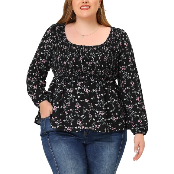 Agnes Orinda Women's Plus Size Square Neck Smock Waist Floral Peplum Blouse