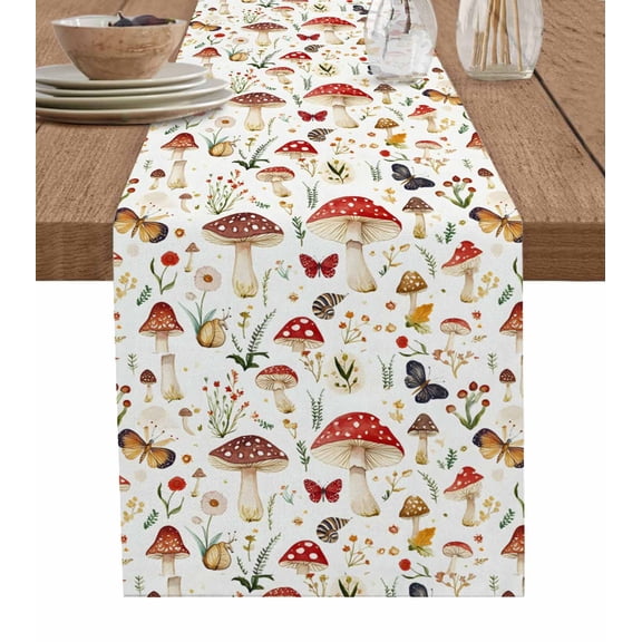 Ldtrchee Red Mushroom Table Runner 70 Inches, Spring Summer Floral Botanical Farmhouse Bed Runner Dresser Scarves Tabletop for Indoor Outdoor Parties/Ceremony/Banquet, 13" x 70"