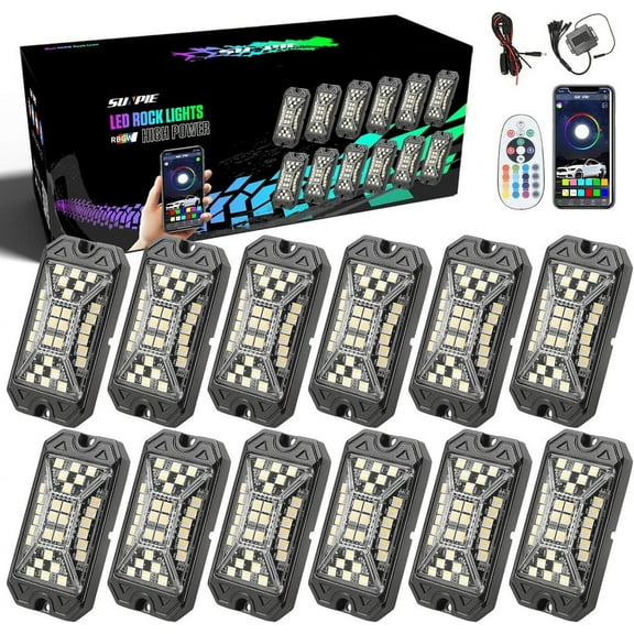 SUNPIE 12Pcs High Power Wide Angle RGBW LED Rock Lights Full Luminous Zone with Phone App Remote Control Voice Mode Music Mode Neon Accent Wheel Well Lights for Off Road Truck SUV ATV UTV Bo