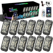 SUNPIE 12Pcs High Power Wide Angle RGBW LED Rock Lights Full Luminous Zone with Phone App Remote Control Voice Mode Music Mode Neon Accent Wheel Well Lights for Off Road Truck SUV ATV UTV Bo