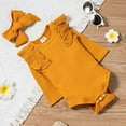 thumbnail image 4 of StylesILove Infant Baby Girls Solid Ribbed Long Sleeve Cotton Bodysuit and Ruffle Pants & Headband 3pcs Fall Winter Romper Outfit (Mustard Yellow, 3 Months), 4 of 7