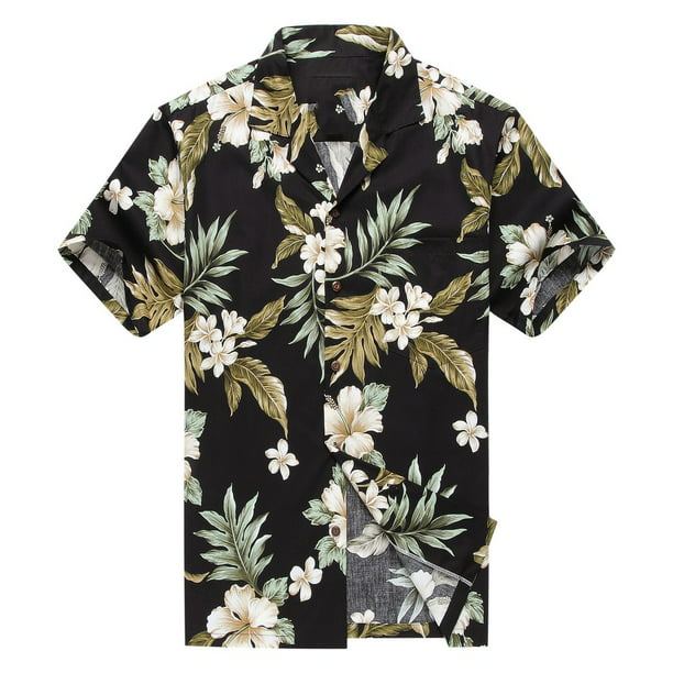 Made in Hawaii Men's Aloha Shirt Cluster Floral Leaf in Black and Green ...