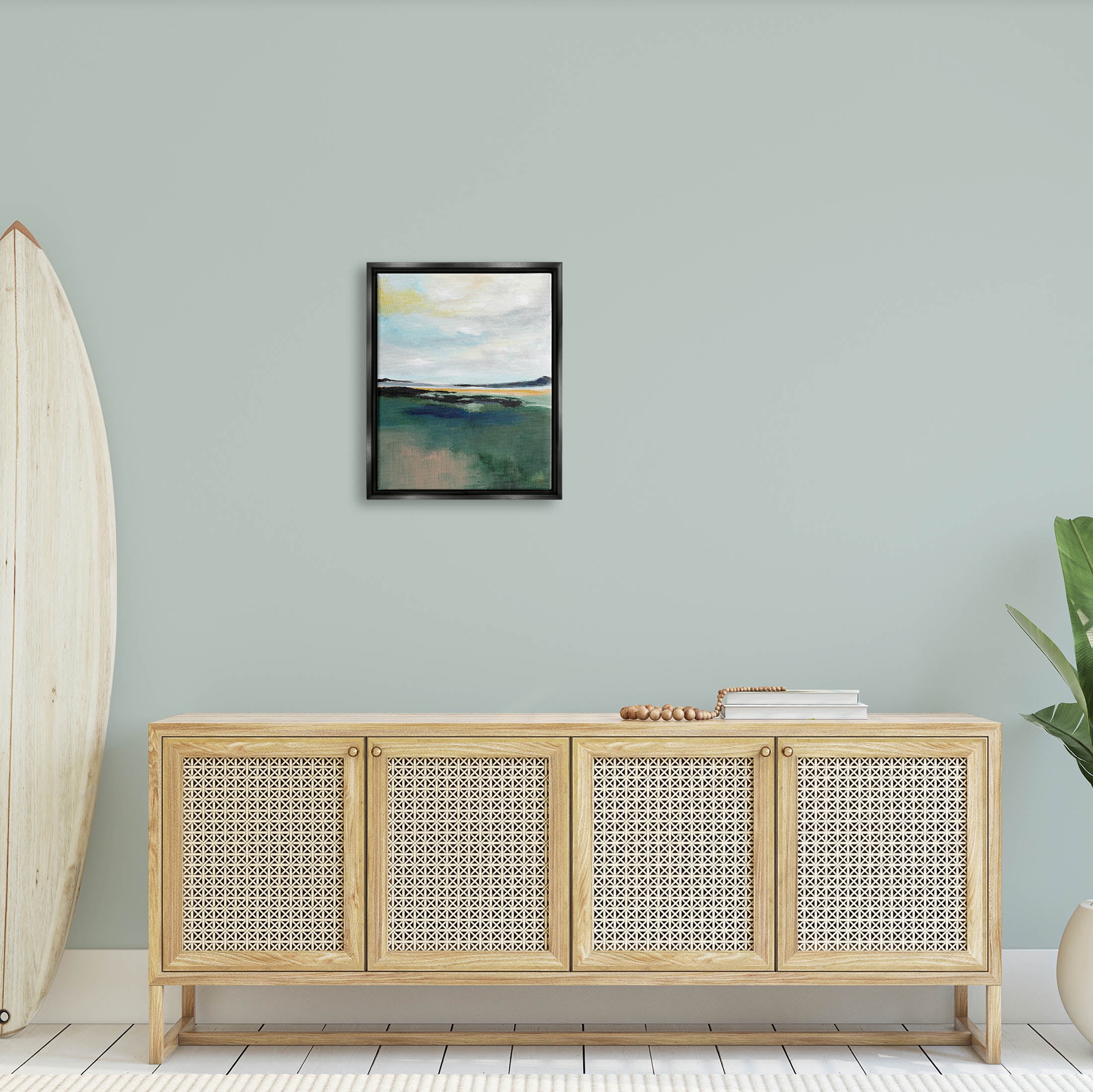 Stupell Industries Modern Cloudy Distant Beach Shore Painting Jet Black Floating Framed Canvas Print Wall Art, Design by Nikita Jariwala