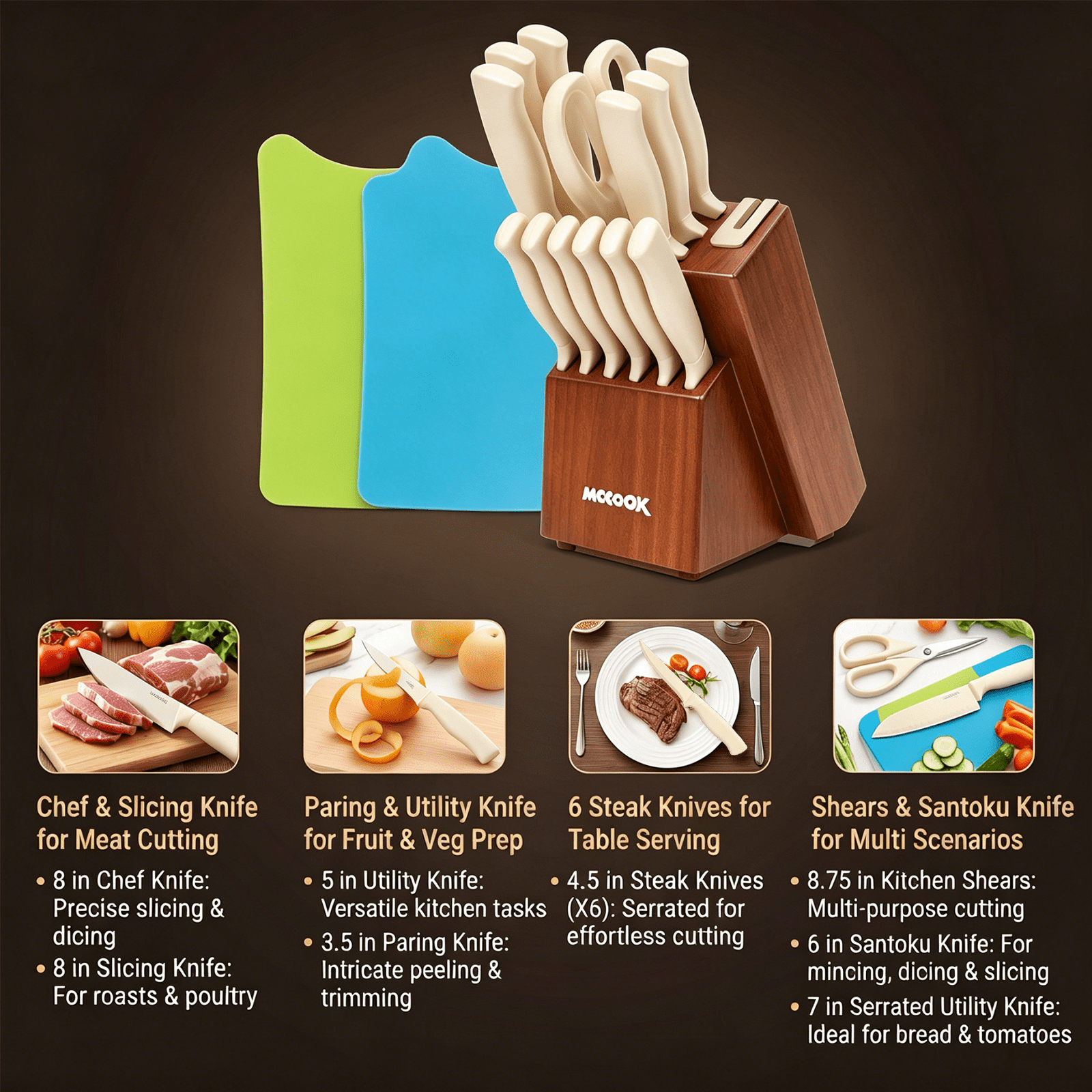 MoCook Kitchen Knife Set, 16 Pcs Knives Block Set with Built-in Sharpener, Healthy Anti-Rust Coating & German Stainless Steel Knife Set, Dishwasher Safe Beige