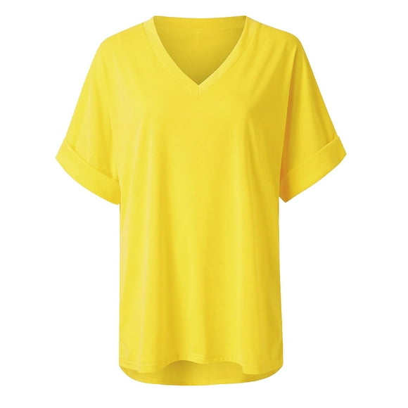 Camisetas de verano para mujer, camisetas con cuello en V para mujer, camisetas de talla grande para mujer, camisetas de manga corta (amarillo, talla M)
