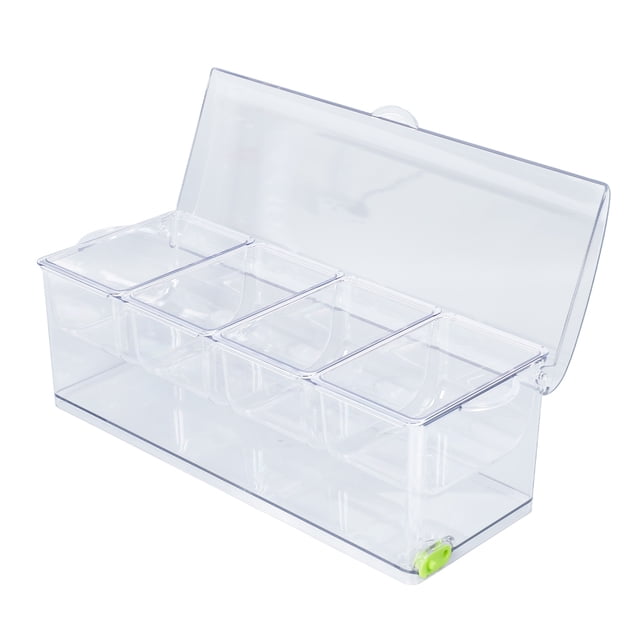 Serveur de Condiments Réfrigéré, Plateau de Service Transparent pour Sauce Glacée avec Couvercle, Plateau à 4 Ou 5 Compartiments avec Cuillères et Pinces, Plateau de Rangement pour Fête et Maison