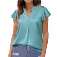 thumbnail image 1 of Camisas de satén de manga corta con cuello en V para mujer, blusa holgada de manga corta con volantes de Color puro informal a la moda de verano para mujer, 1 of 6