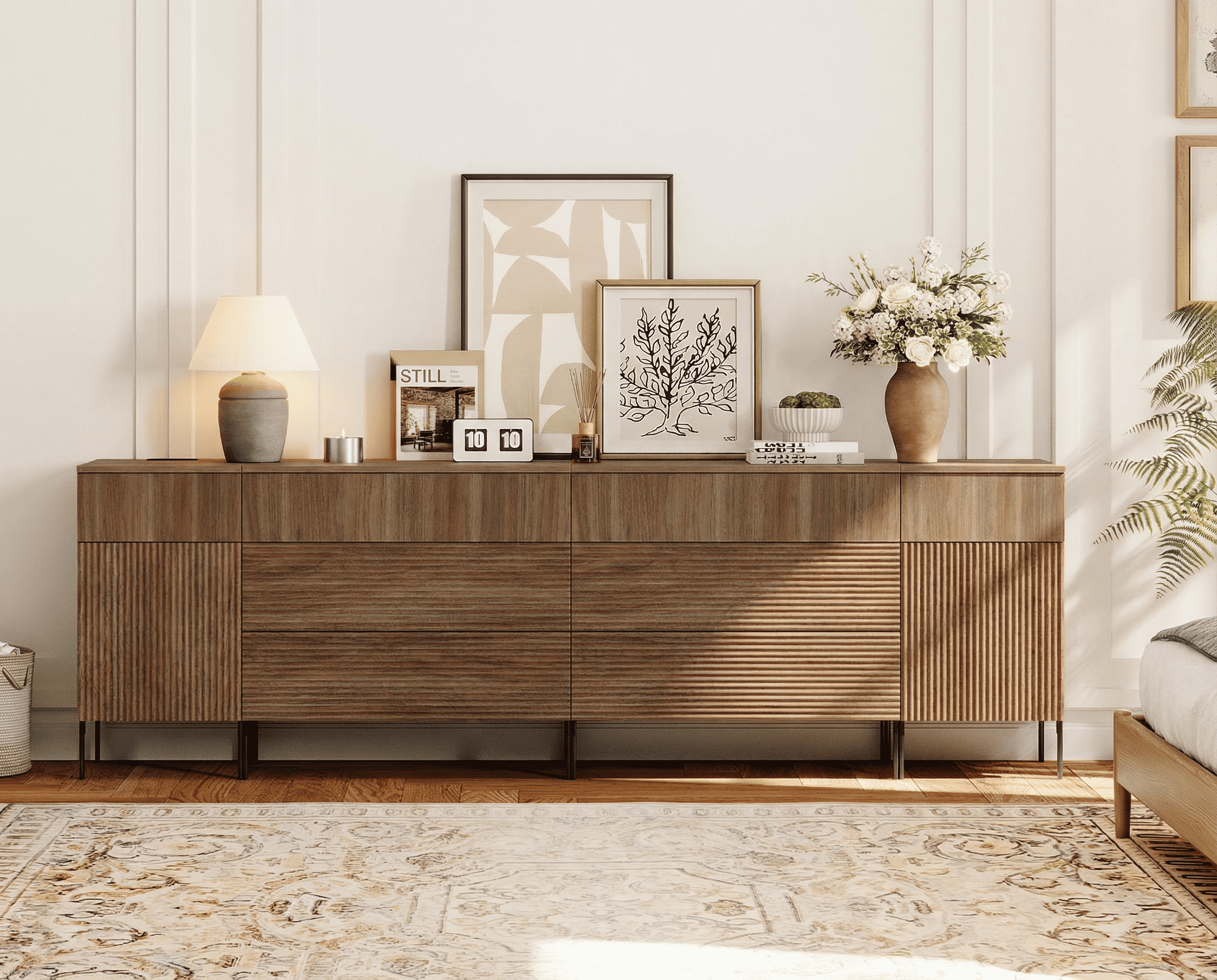 WAMPAT 94.5" 8 Drawer Dresser with Charging Station, Modern Fluted Wood Dresser with 2 Door Storage Cabinets, Push-to-Open Organizer for Bedroom, Living Room, Entryway