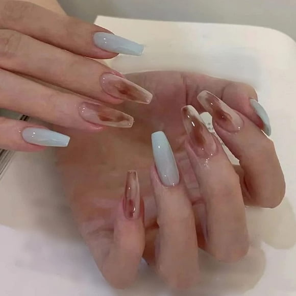 24Pcs Coffin Fake Nails, Gradient Glossy False Nails, Blooming Ombre Press On Nails, Full Cover Acrylic Nails For Daily Use