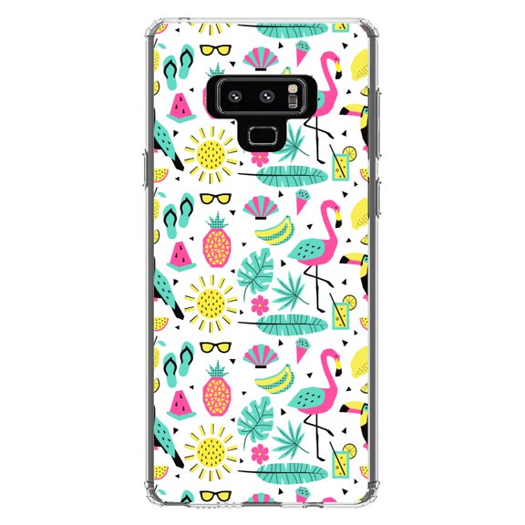 DistinctInk Clear Shockproof Hybrid Case for Samsung Galaxy Note 9 - TPU Bumper, Acrylic Back, Tempered Glass Screen Protector - Summer Graphics - Flamingo Pineapple Sun Glasses