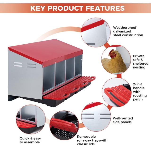 EDTara Metal Chicken Nesting Box Provides Sturdy Galvanized Steel Build and a Convenient Removable Roll-Out Tray, Ensuring Easy Egg Gathering and Cleaning for Backyard or Farm Poultry Setups