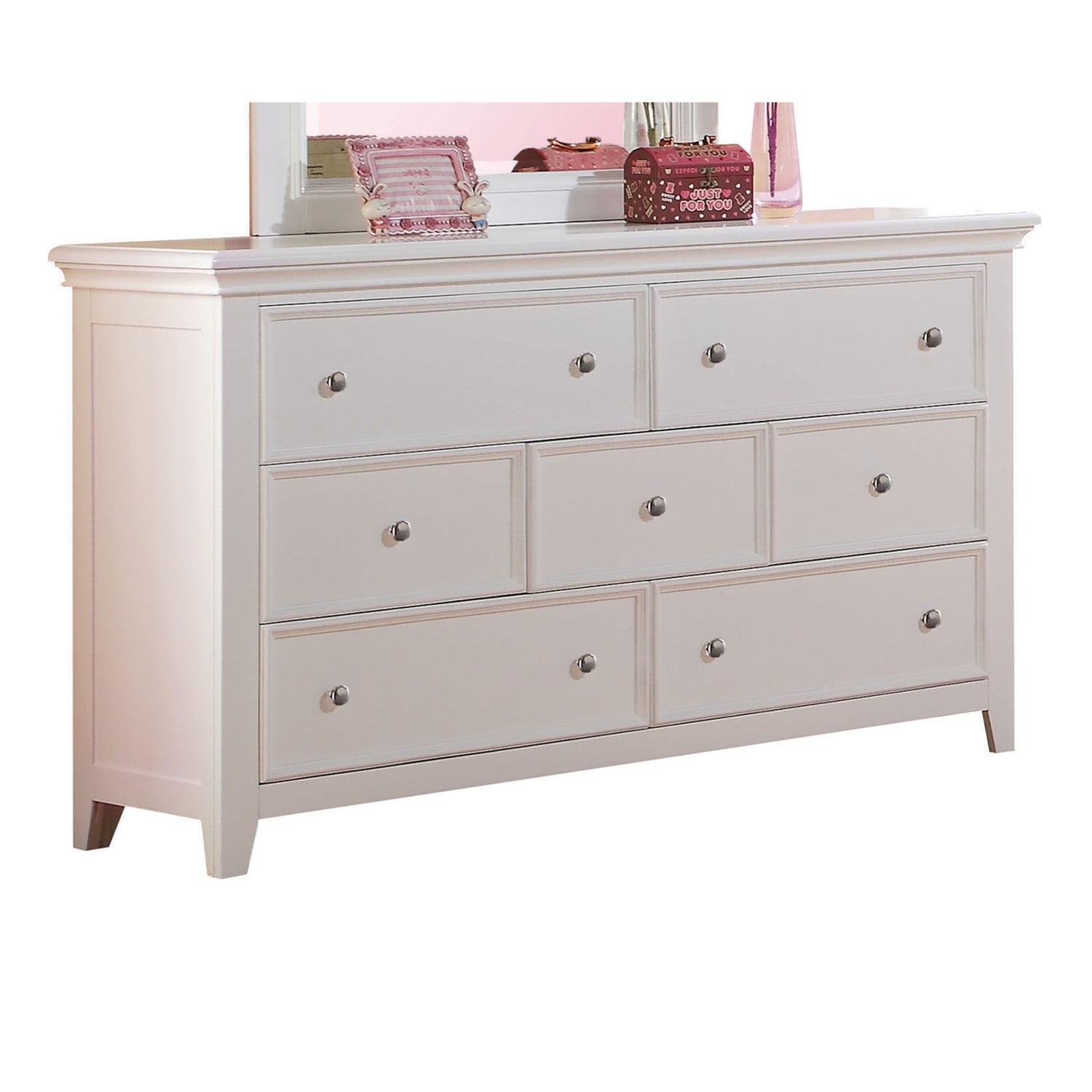 Contemporary Seven Drawers Wooden Dresser with Tapered Legs, White