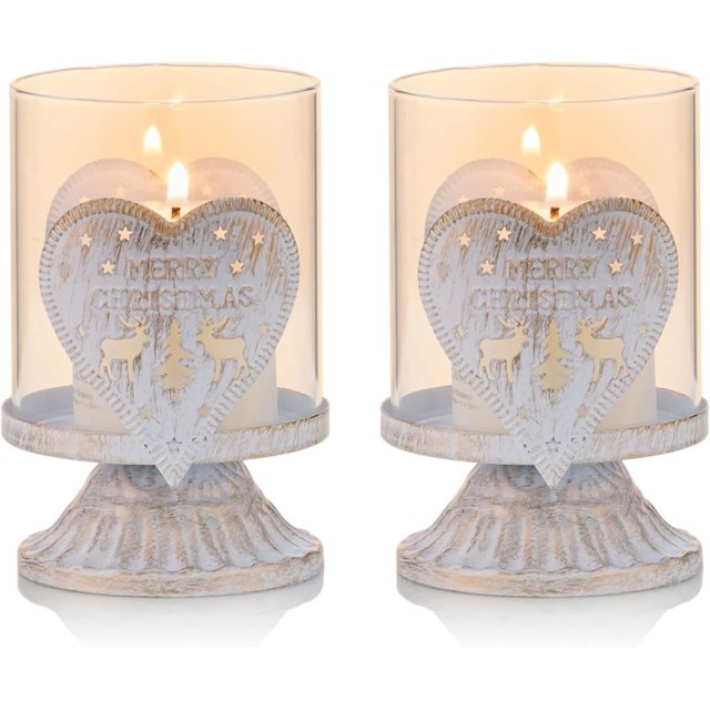 CHAO Juego de 2 candelabros en candelabros de metal blanco (corazón), candelabros desgastados por huracanes, piezas preferidas para decoración de mesa navideña, chimenea, blanco