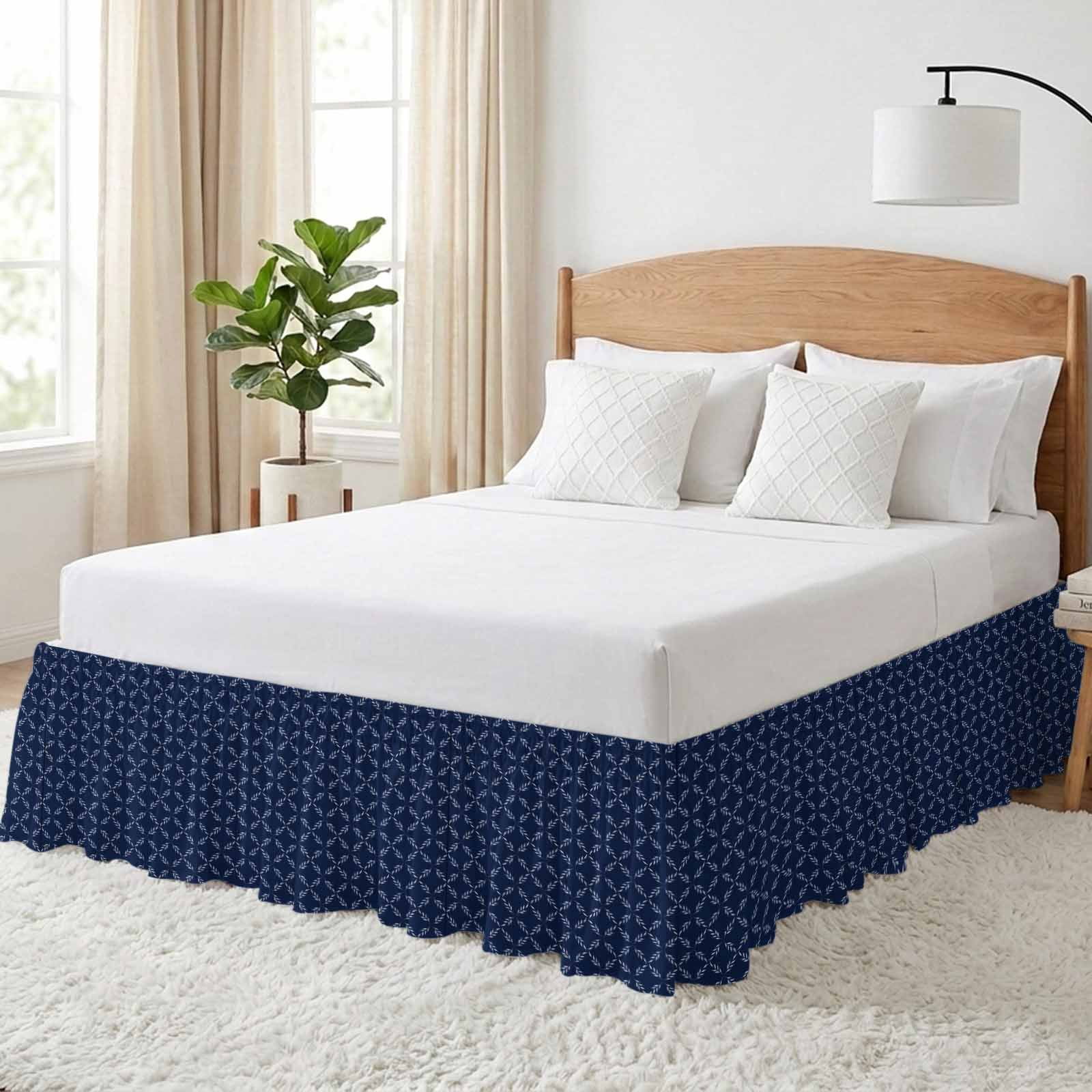 Navy Blue Bed Skirt Queen Size 18 Inch Drop, Adjustable & Elastic Wrap Around Bed Skirts Pleated Dust Ruffles For Twin Full Queen Cal King Base Beds, Geometric Leaf Diamond Plaid Abstract Check