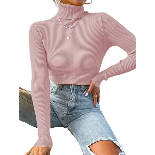 UKAP Women Knit Shirts Turtleneck Pullover Long Sleeve Tops Basic Work Sweater Pink L