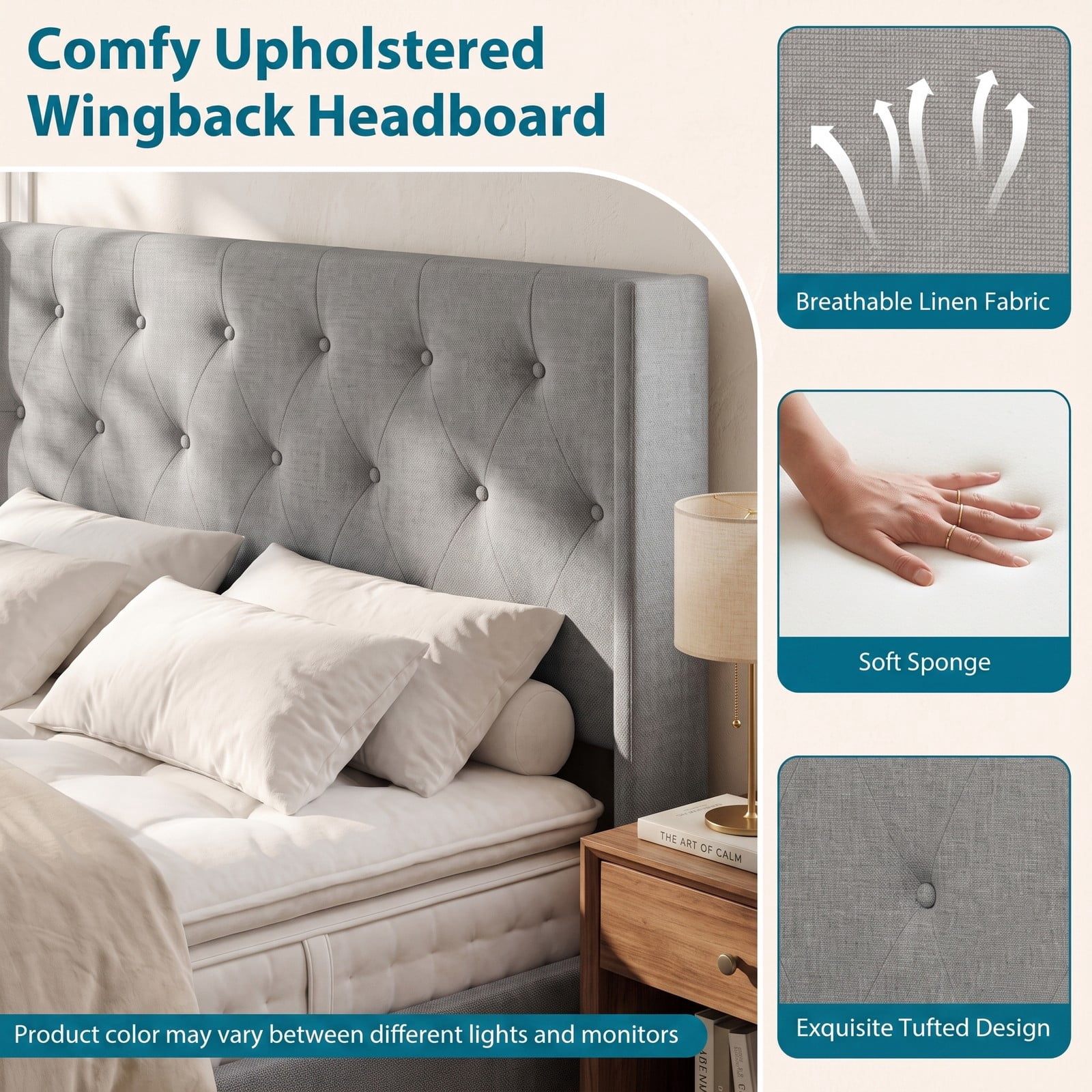 Furnibear Queen Size Bed Frame with Storage, Lift Up Upholstered Platform Bed Frame with Tufted Wingback Linen Headboard, Gray