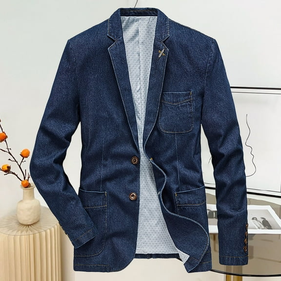 Jean Jacket Men Vintage Fashion Distressed Stand Collar Long Sleeved Suit Style Denim Jackets Casual Slim Fit Outerwear Fall Winter Button Down Jean Coat With Pocket Blue L
