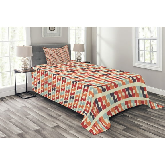 Ambesonne Colorful Quilted Bedspread Set 2 Pcs, Retro Geometric Zigzag, Twin Size, Multicolor