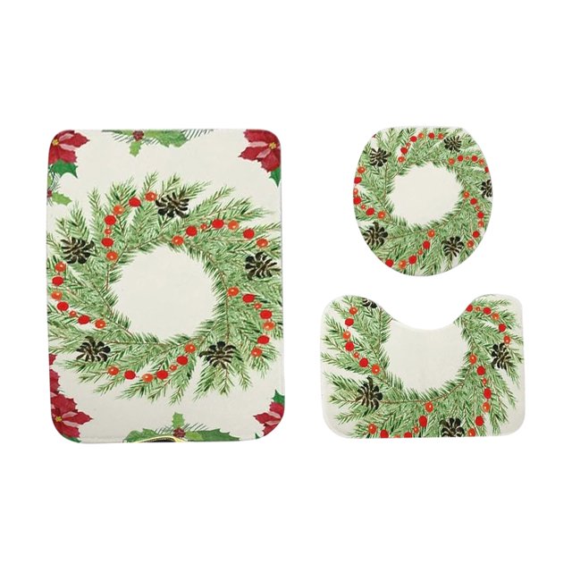 Christmas Bathroom Sets Christmas Decoration Bathroom Foot Mat Three Piece Set, Absorbent Quick Drying Anti Slip Foot Mat, Crystal Velvet Foot Mat, Machine Washable