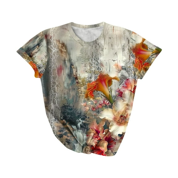 Short Sleeve T Shirts for Women Floral Printed Graphic Tees Tops Cute Pullovers Tunic Cotton Blouse Multicolor XL