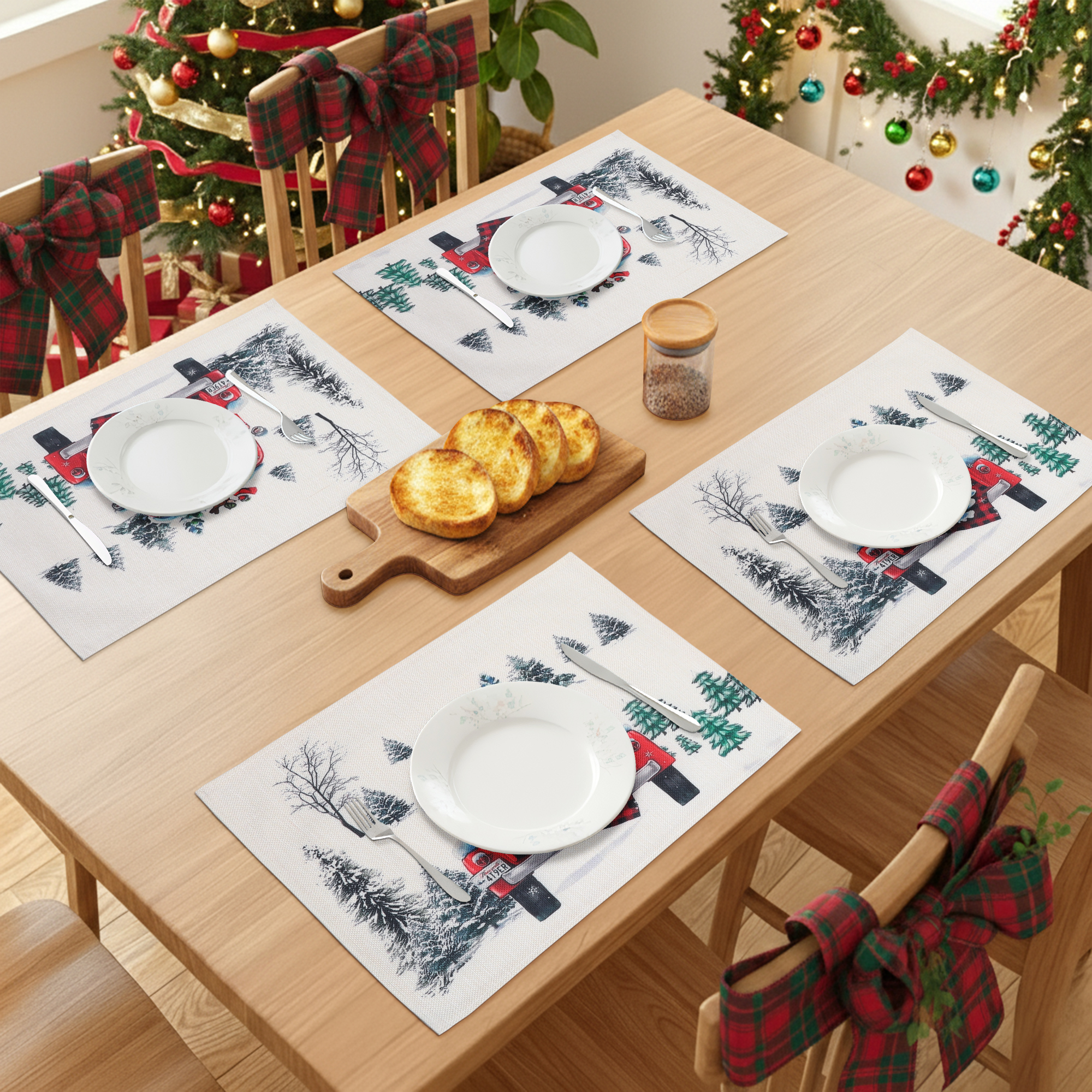 Unique Bargains Set of 6 Washable Linen Placemats Kitchen Table Mat Christmas Tree